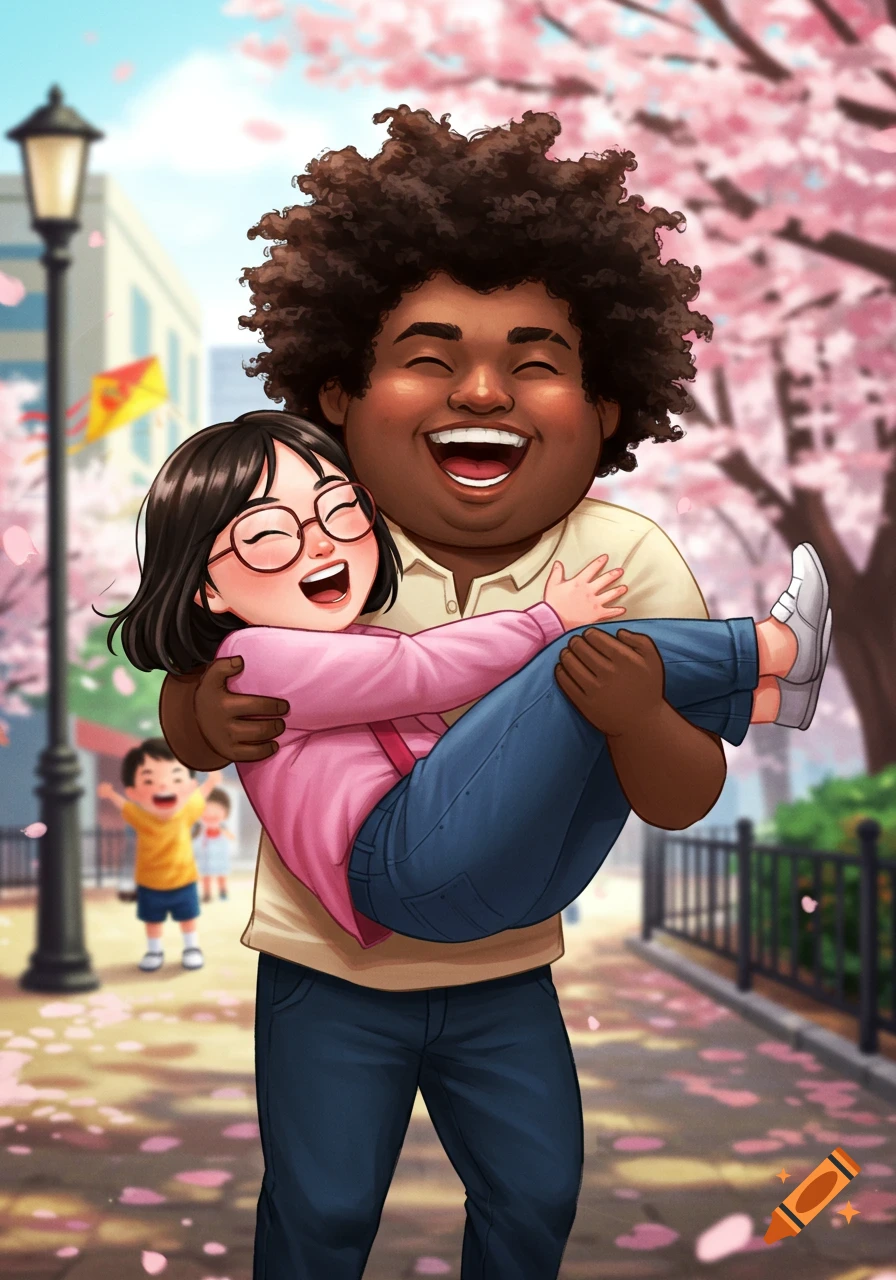 An Afro-Latino man happily carries a smaller East Asian woman with glasses through a cherry blossom park.