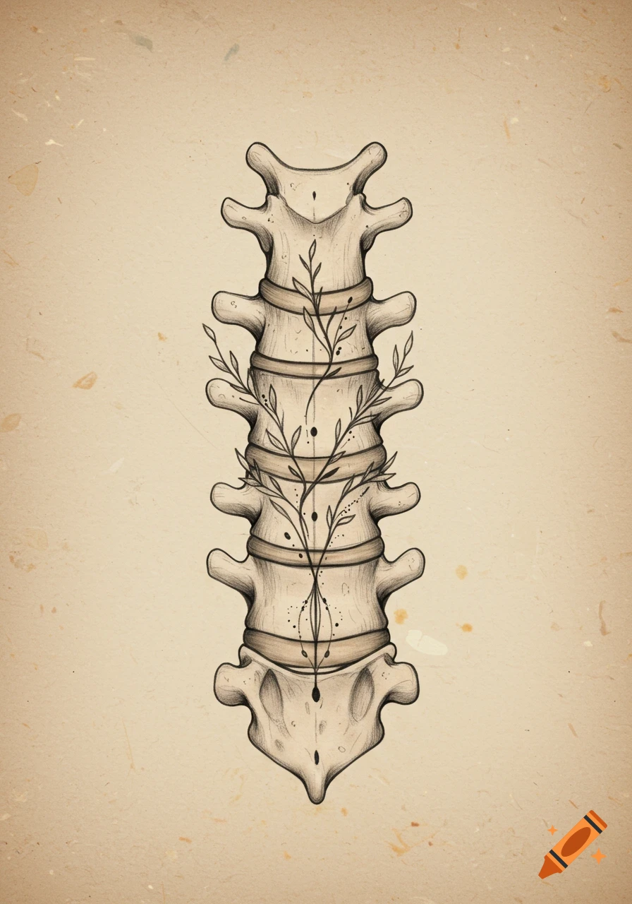 Stylized drawing of a human spine with winding botanical branches and leaves on a textured, light brown background.