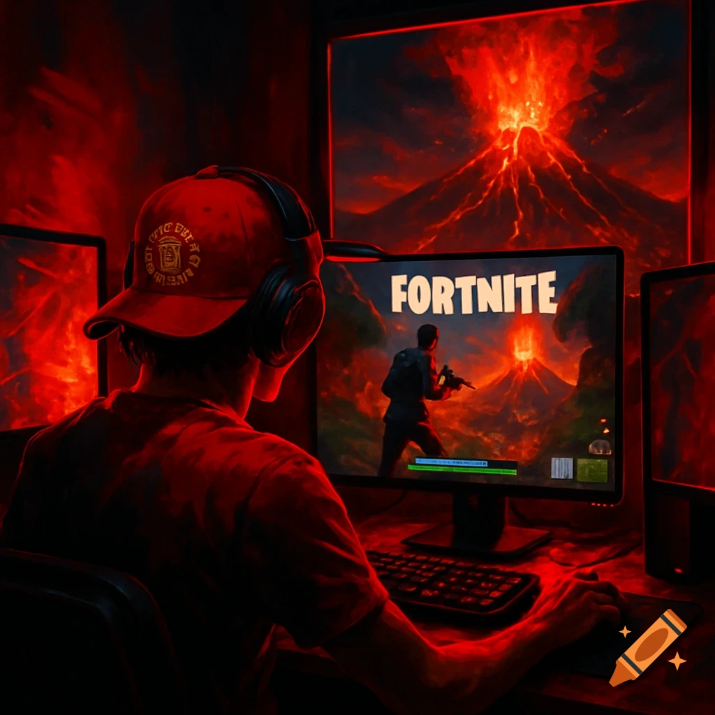 A person with a red hat and headphones plays Fortnite on a computer, with a vibrant red, volcanic backdrop on multiple screens.