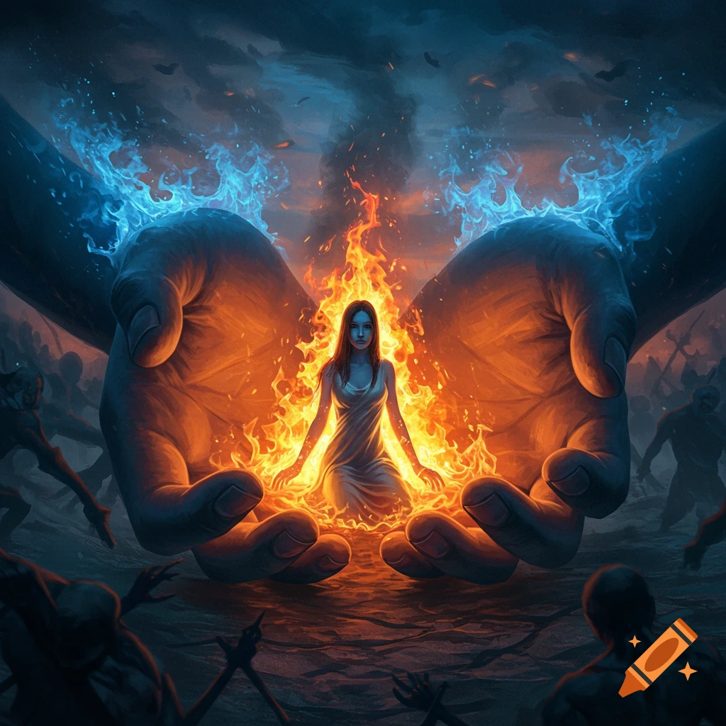 A woman radiating fire kneels between colossal hands, shielding her from shadowy figures in a dark, dramatic landscape.