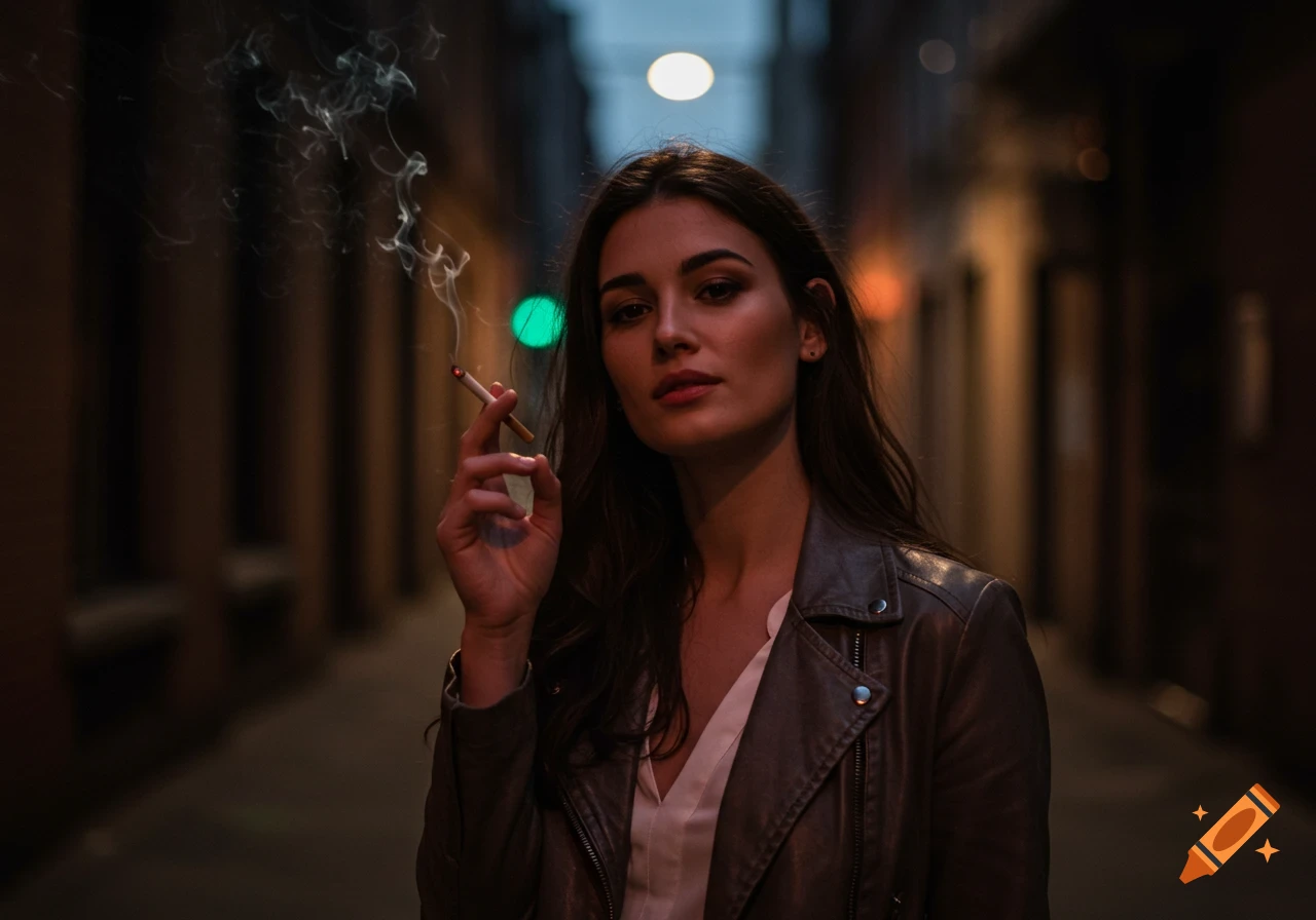 Photorealistic portrait of a woman smoking a cigarette in a dark alleyway.