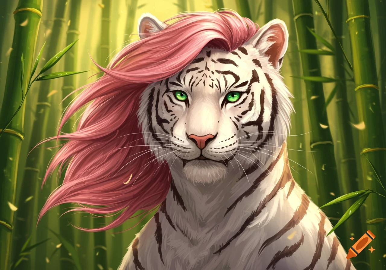 A majestic white tiger with vibrant pink hair and striking green eyes, set against a lush bamboo forest, digital art.