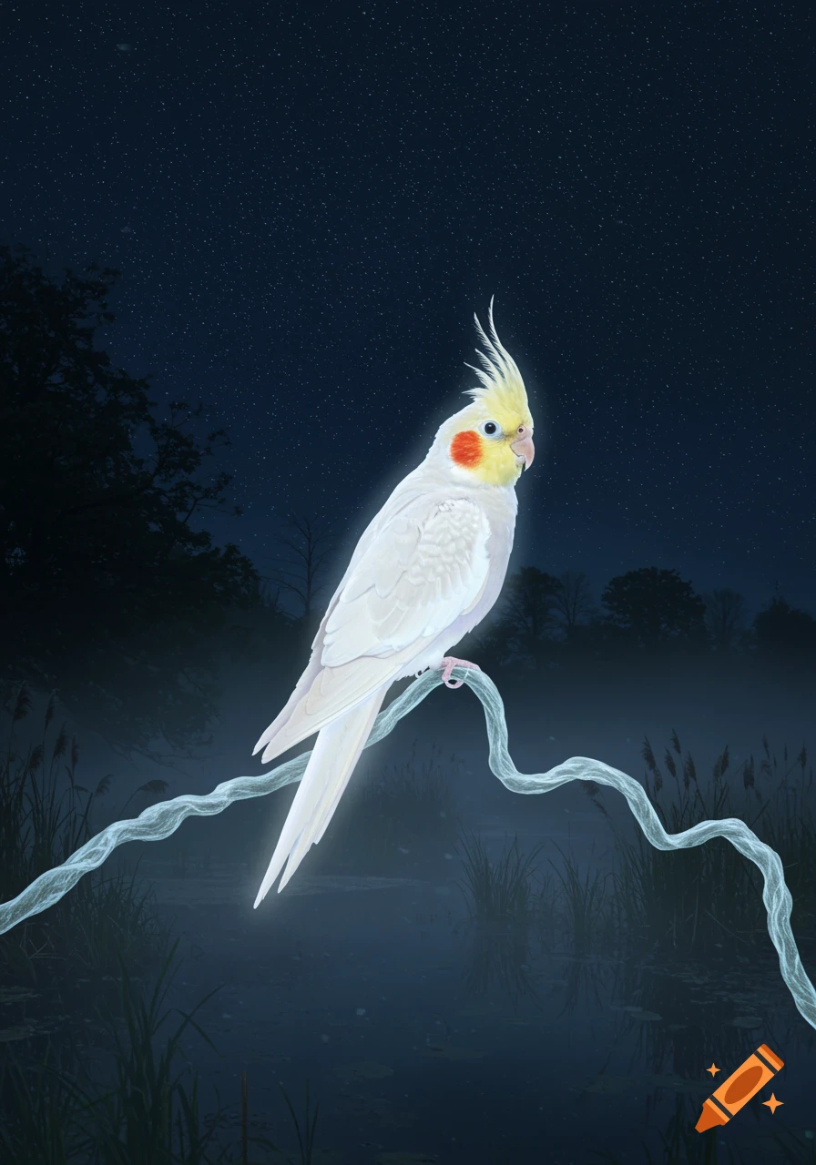 A glowing white cockatiel with yellow and orange markings sits on a luminous branch over a dark pond at night under a starry sky.