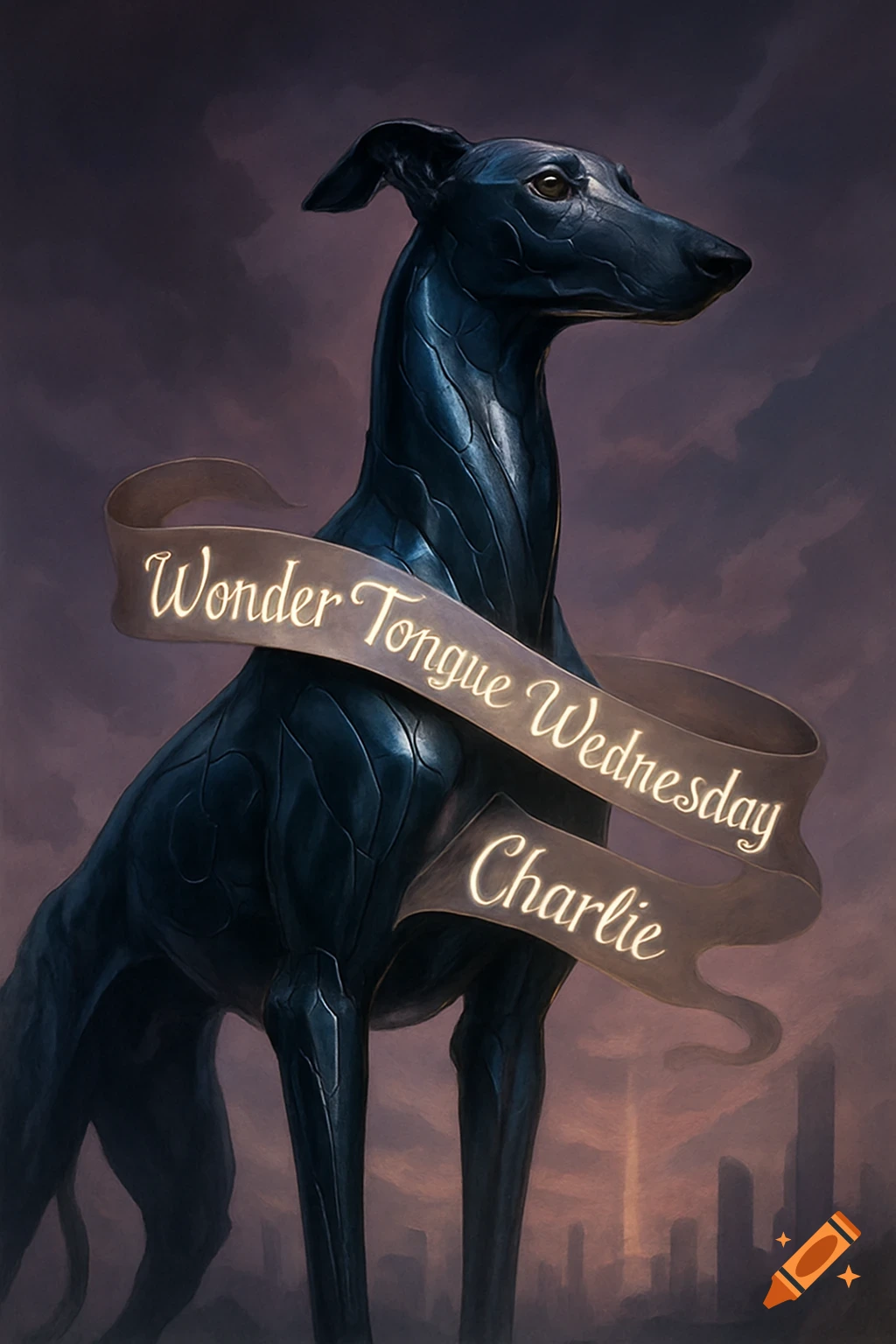 A stylized black greyhound stands, holding a glowing banner with 'Wonder Tongue Wednesday Charlie' against a dark, moody sky.
