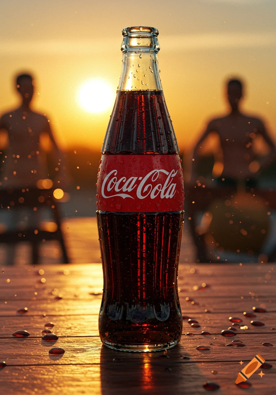 A photorealistic shot of a dew-covered Coca-Cola bottle on a wooden table, with a blurred sunset and two figures in the background.