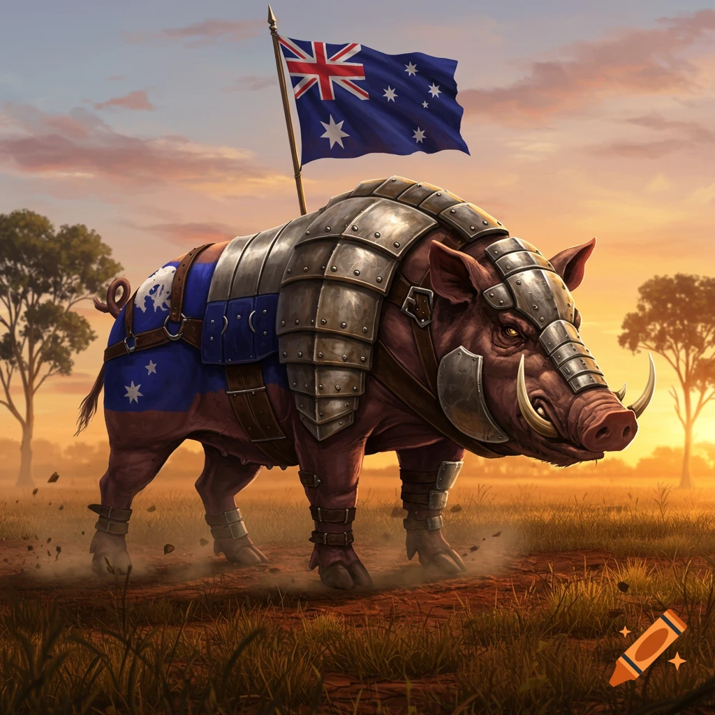 A powerful armored wild boar stands in a field with an Australian flag mounted on its back at sunset, in a fantasy art style.