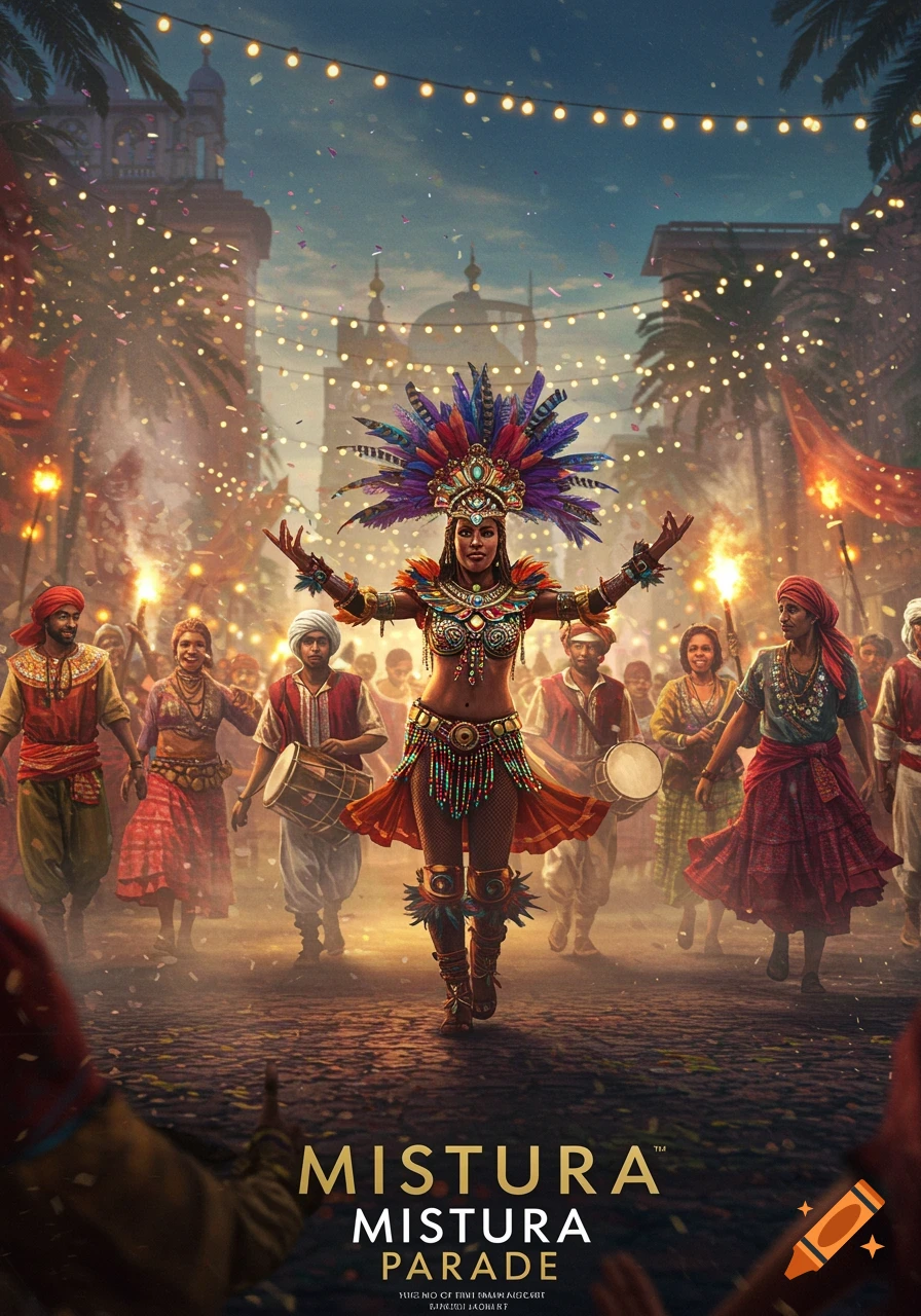 A vibrant parade with a main dancer in a colorful feathered costume leading a procession of people with drums and torches under string lights and falling confetti at dusk.