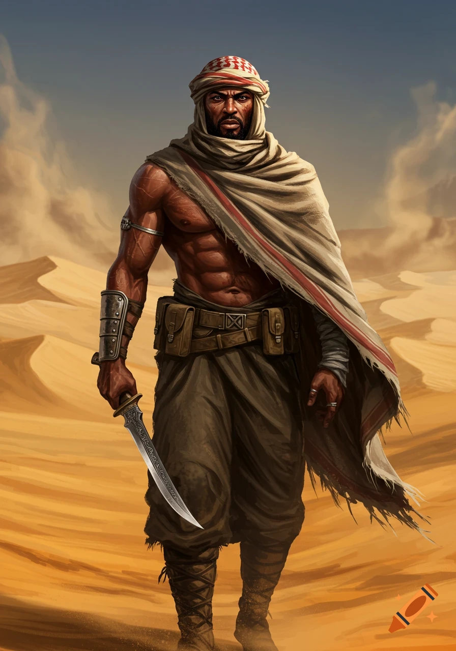 A powerful warrior with a shemagh and a knife stands in a desert landscape, concept art style.