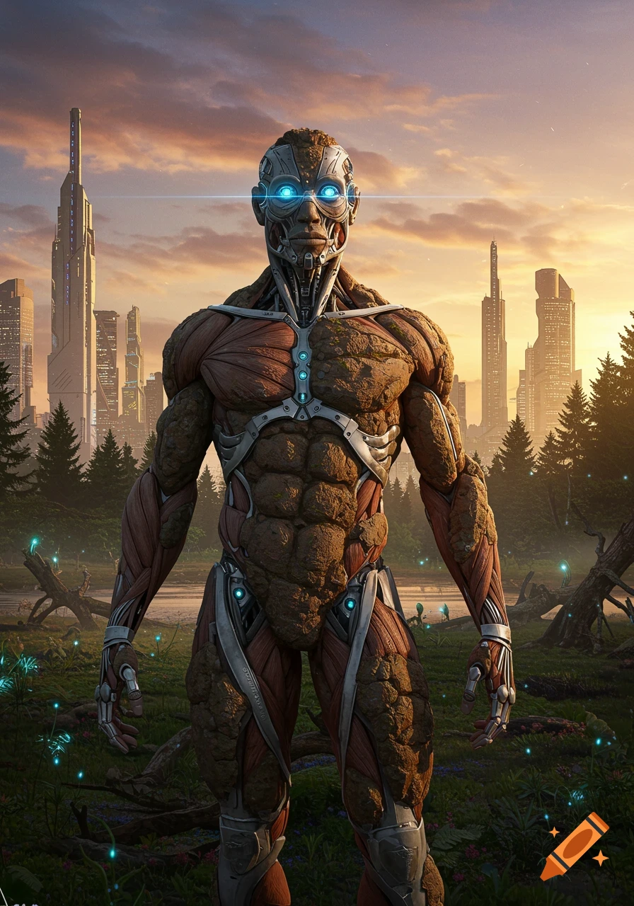 A muscular humanoid figure, a hybrid of rock, muscle, and metallic cybernetics with glowing blue eyes, stands in a lush forest with a futuristic city skyline under an orange sunset.