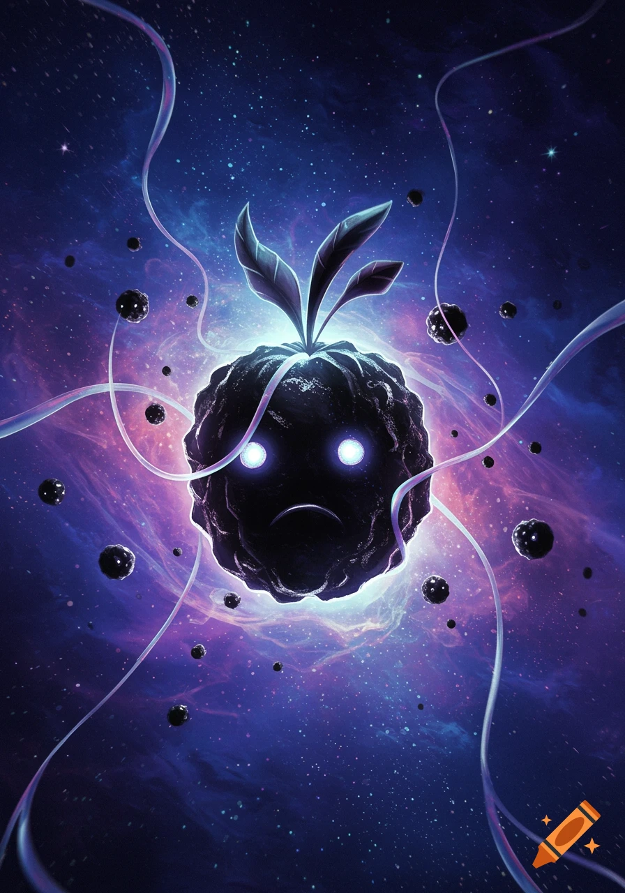 A sad-faced dark orb with glowing eyes and leaves floats in a purple and blue cosmic galaxy with small orbs and ethereal ribbons.