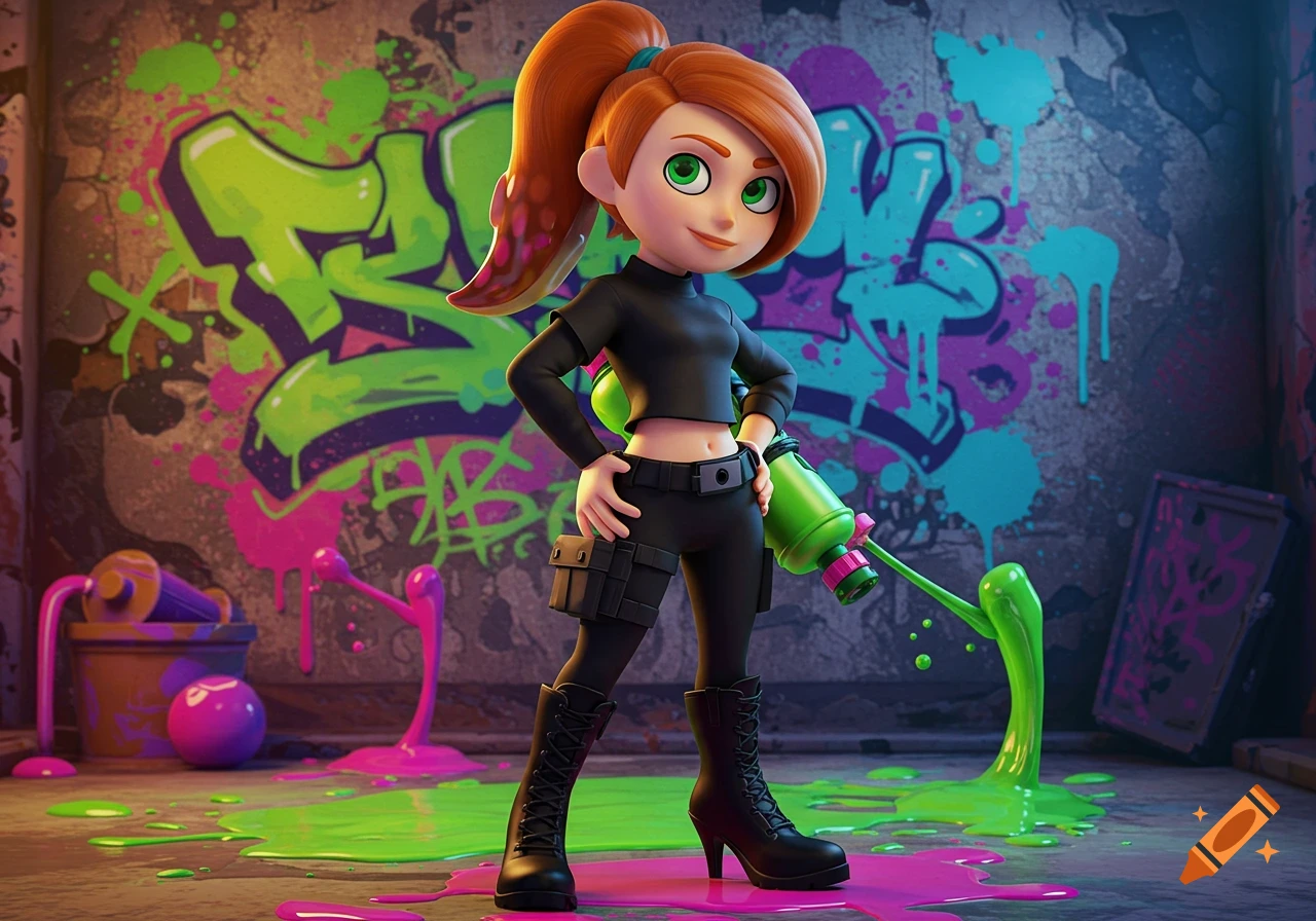 Cartoon Kim Possible in black tactical gear stands in a graffiti-covered room with paint splatters, holding a green goo gun, in Splatoon style.