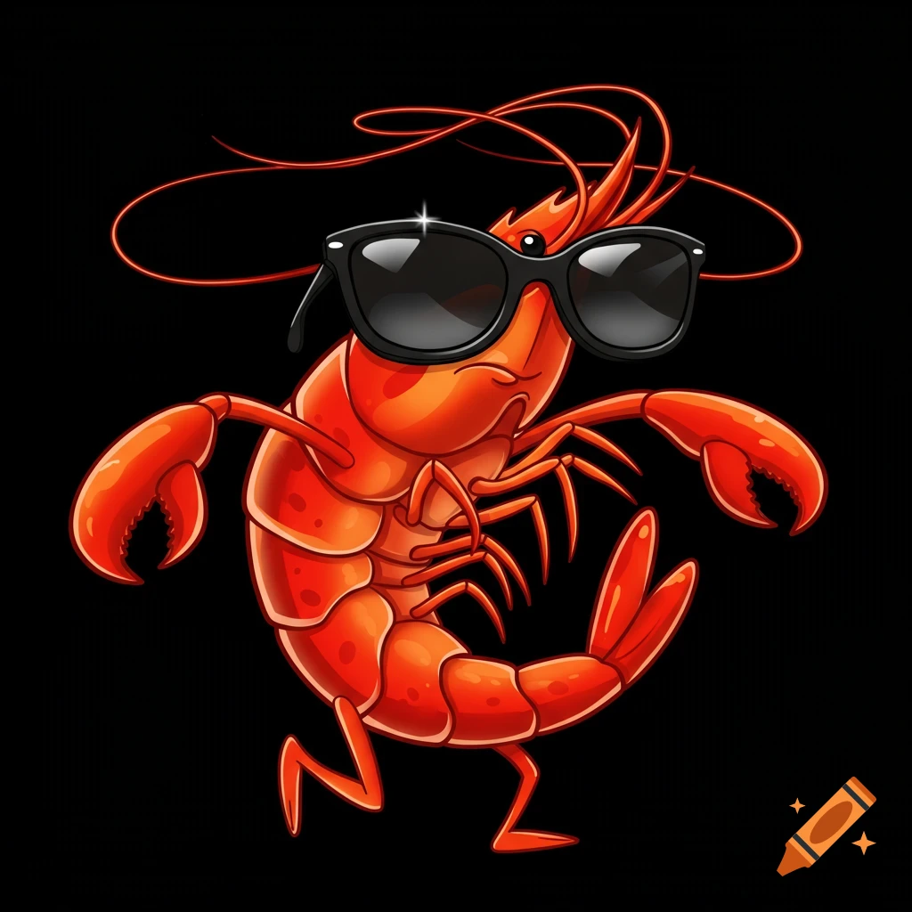 A cartoon red shrimp wearing black sunglasses stands with its claws raised on a black background.
