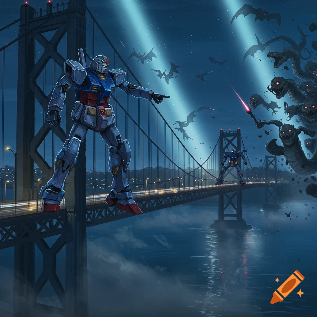 Two Gundam-style robots battle flying snake demons and bats on the San Francisco Golden Gate Bridge at night in a dramatic illustration.