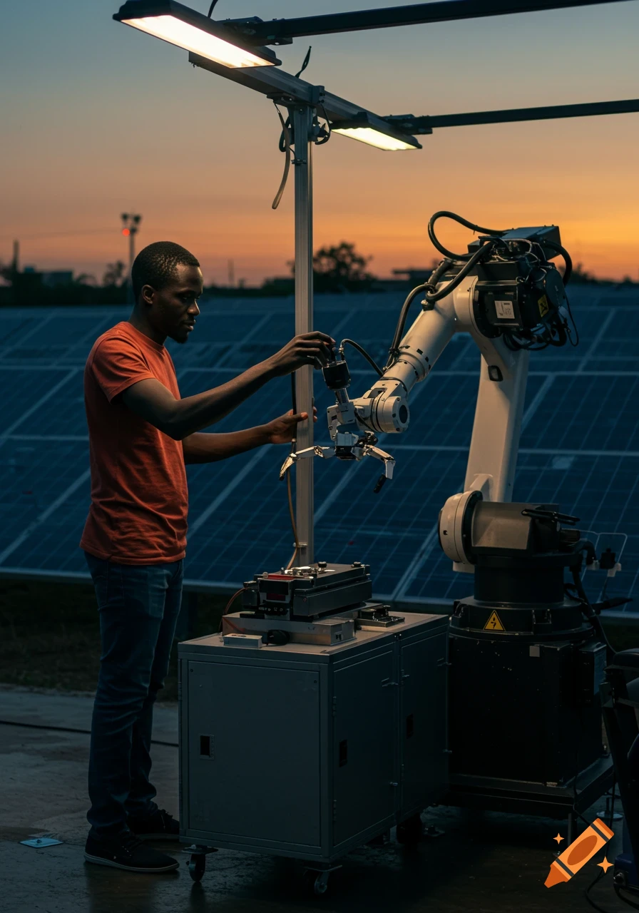 A man works on a robotic arm and equipment under lights, with solar panels in the background at sunset.
