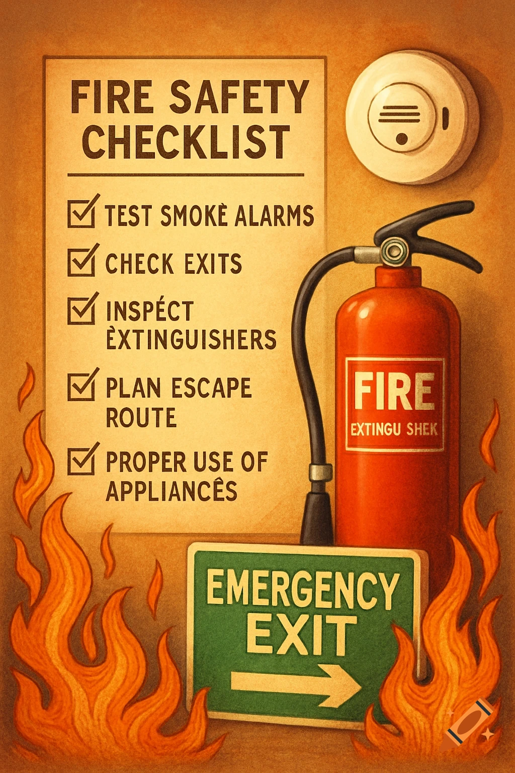 An illustrated fire safety checklist poster featuring a smoke alarm, fire extinguisher, and emergency exit sign, with flames at the bottom.