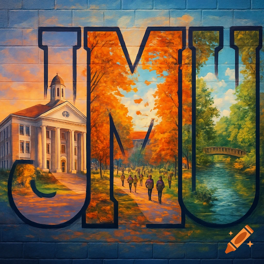 JMU mural on a brick wall with university campus scenes in autumn: a building, students on a path, and a bridge over a river.