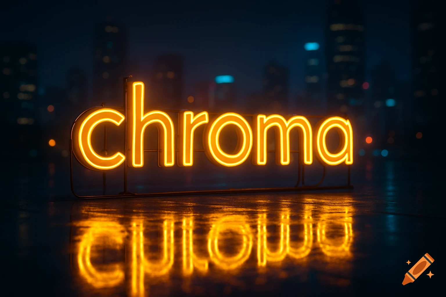 A glowing yellow neon sign spelling 'chroma' stands on a wet surface with reflections, against a blurred city skyline at night.