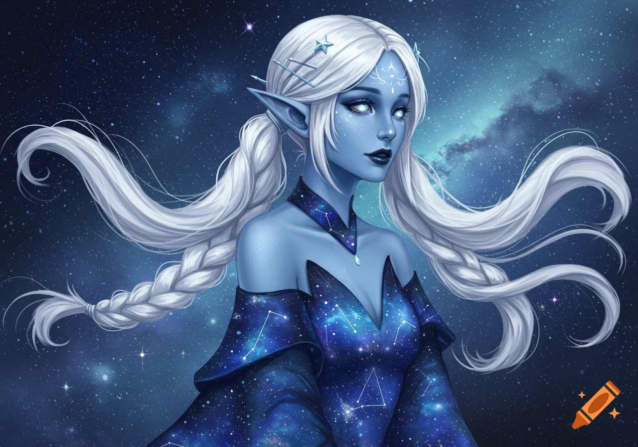 A young woman with pale blue skin, pointed ears, and white braids adorned with stars wears a galaxy-patterned dress against a starry sky.