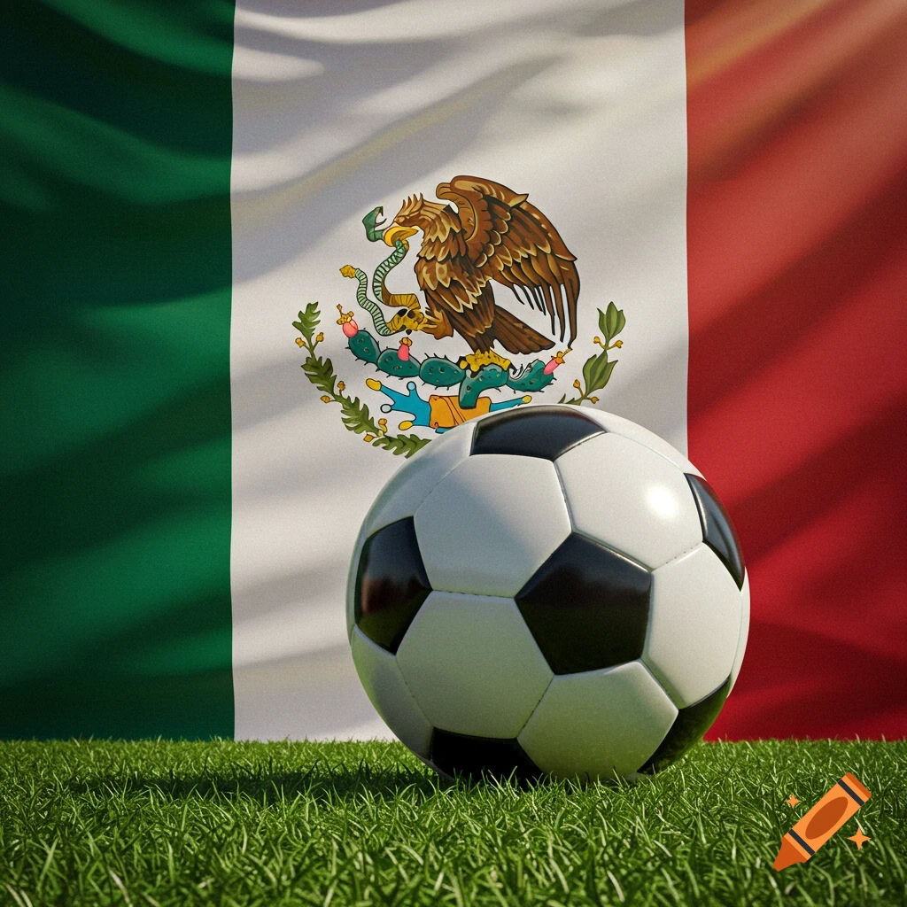 A photorealistic image of a classic black and white soccer ball on green grass with a waving Mexican flag in the background.