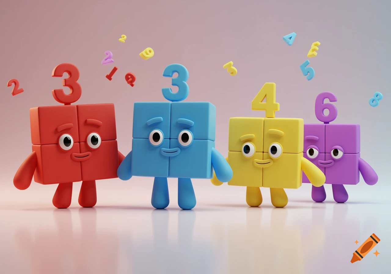 Four colorful block-shaped cartoon characters with numbers on their heads, resembling Numberblocks, stand together with small floating numbers around them.