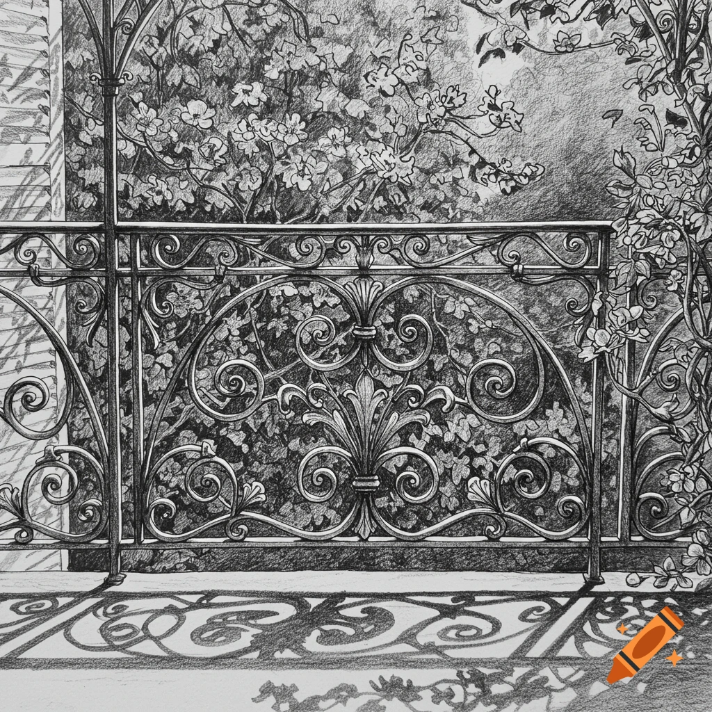 Detailed sketch of an ornate French balcony balustrade with flowering plants and intricate shadows.