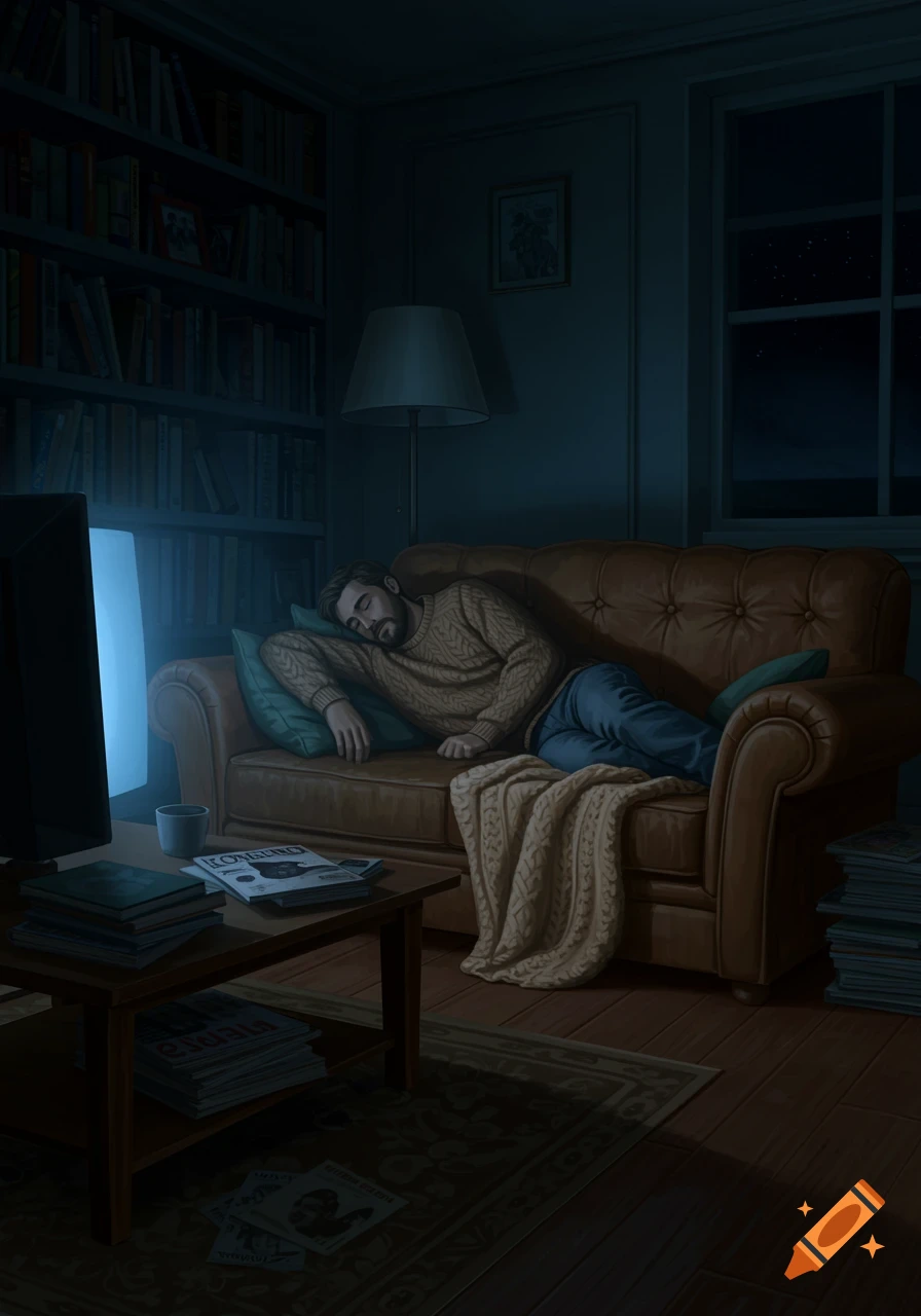 A man sleeps on a brown sofa in a dark living room with a glowing TV, a bookshelf, and a window showing a starry night.