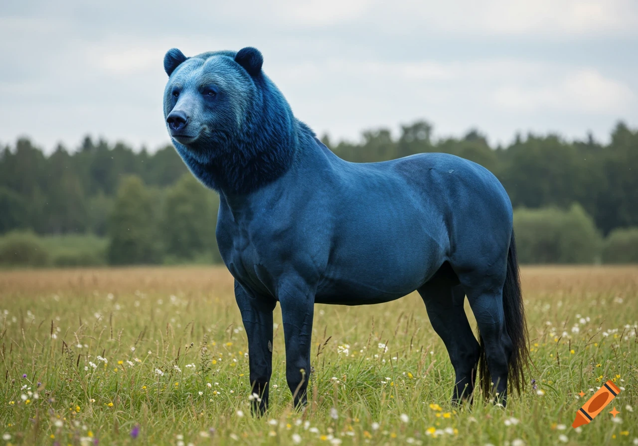 A photorealistic image of a blue creature with a bear's head and a horse's body standing in a grassy field.