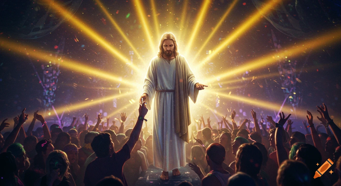 Jesus stands bathed in golden light above a large, cheering crowd at a vibrant rave, reaching out.