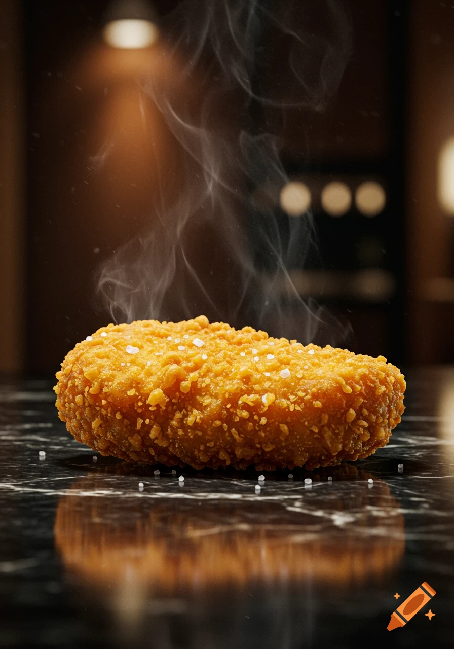 Photorealistic close-up of a hot, crispy chicken nugget topped with salt, steaming on a dark reflective surface.