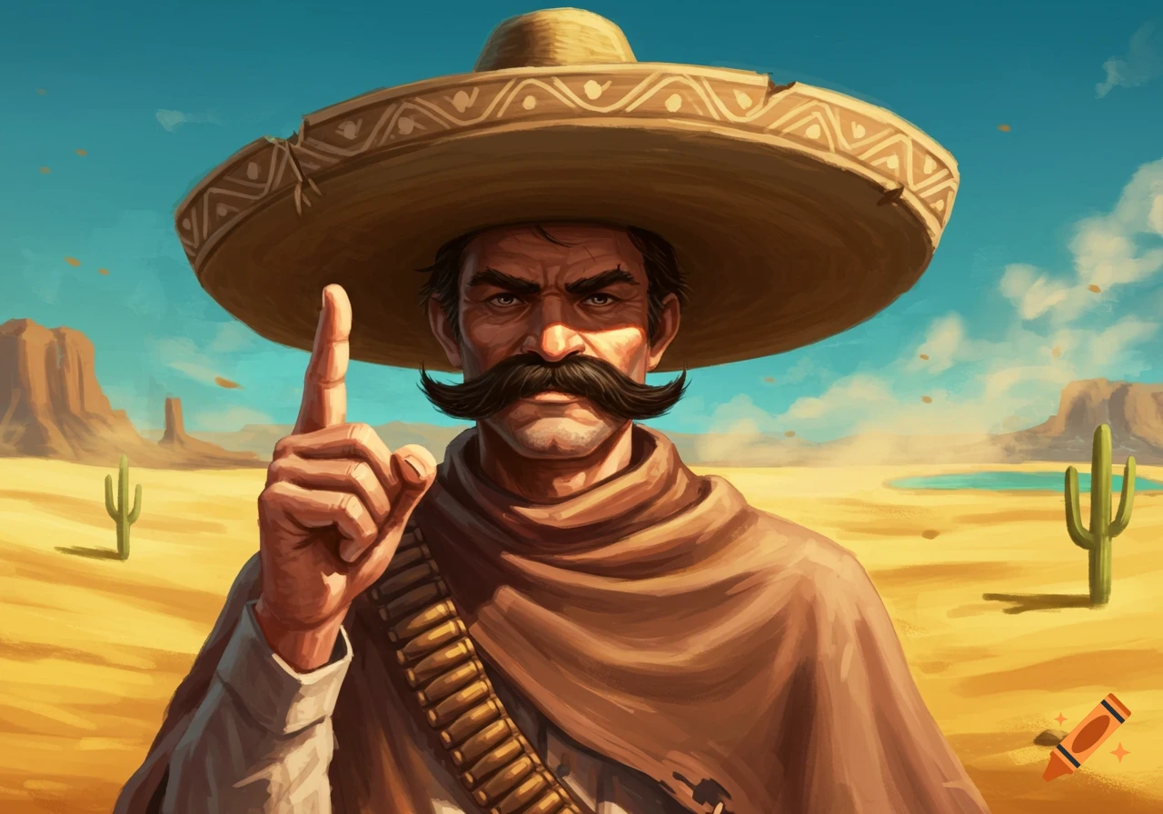 A stern man with a large mustache and sombrero points upward in a desert landscape with cacti and mountains. Digital illustration.