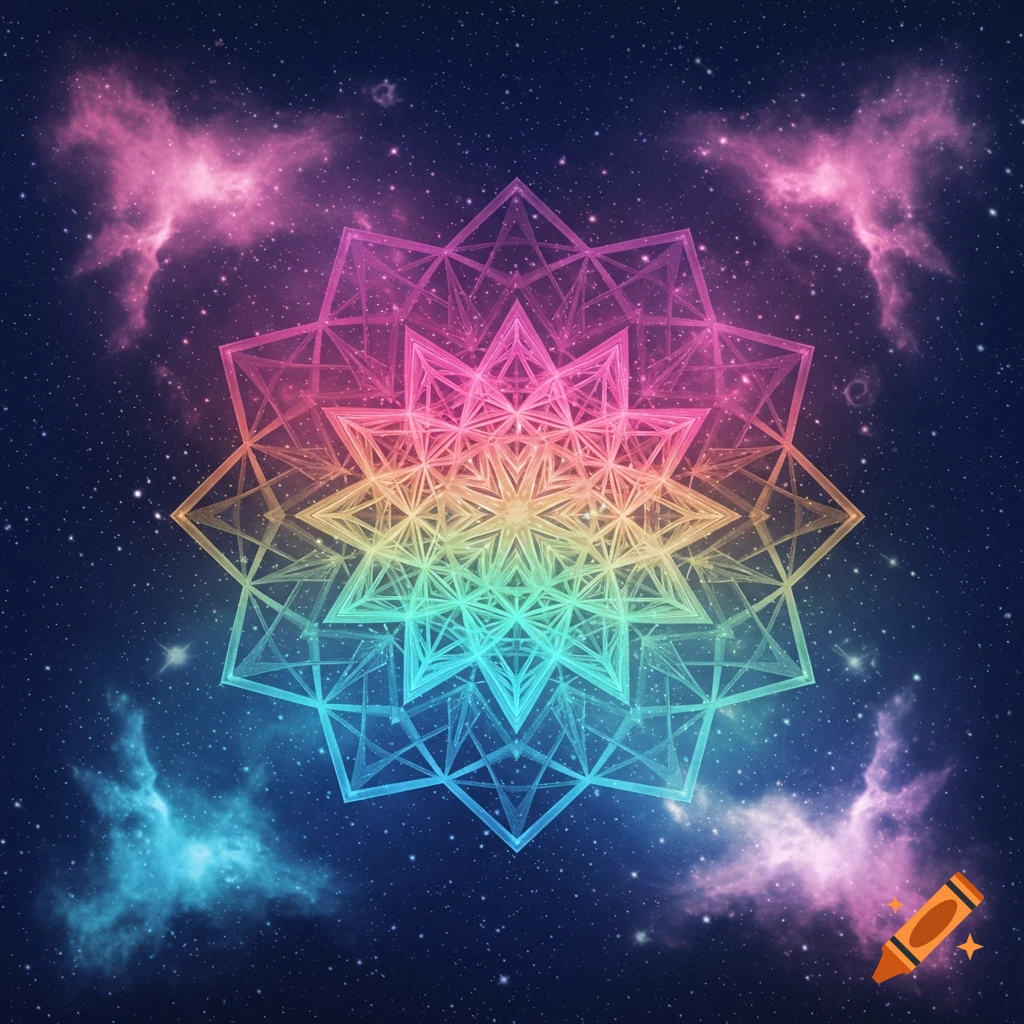 A vibrant, rainbow-colored geometric mandala floats against a dark starry sky with swirling pink, purple, and blue nebulae.