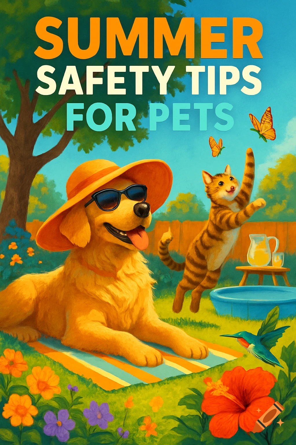 A golden retriever in sunglasses and a sun hat on a blanket next to a jumping tabby cat in a colorful yard. Text: 'SUMMER SAFETY TIPS FOR PETS'.