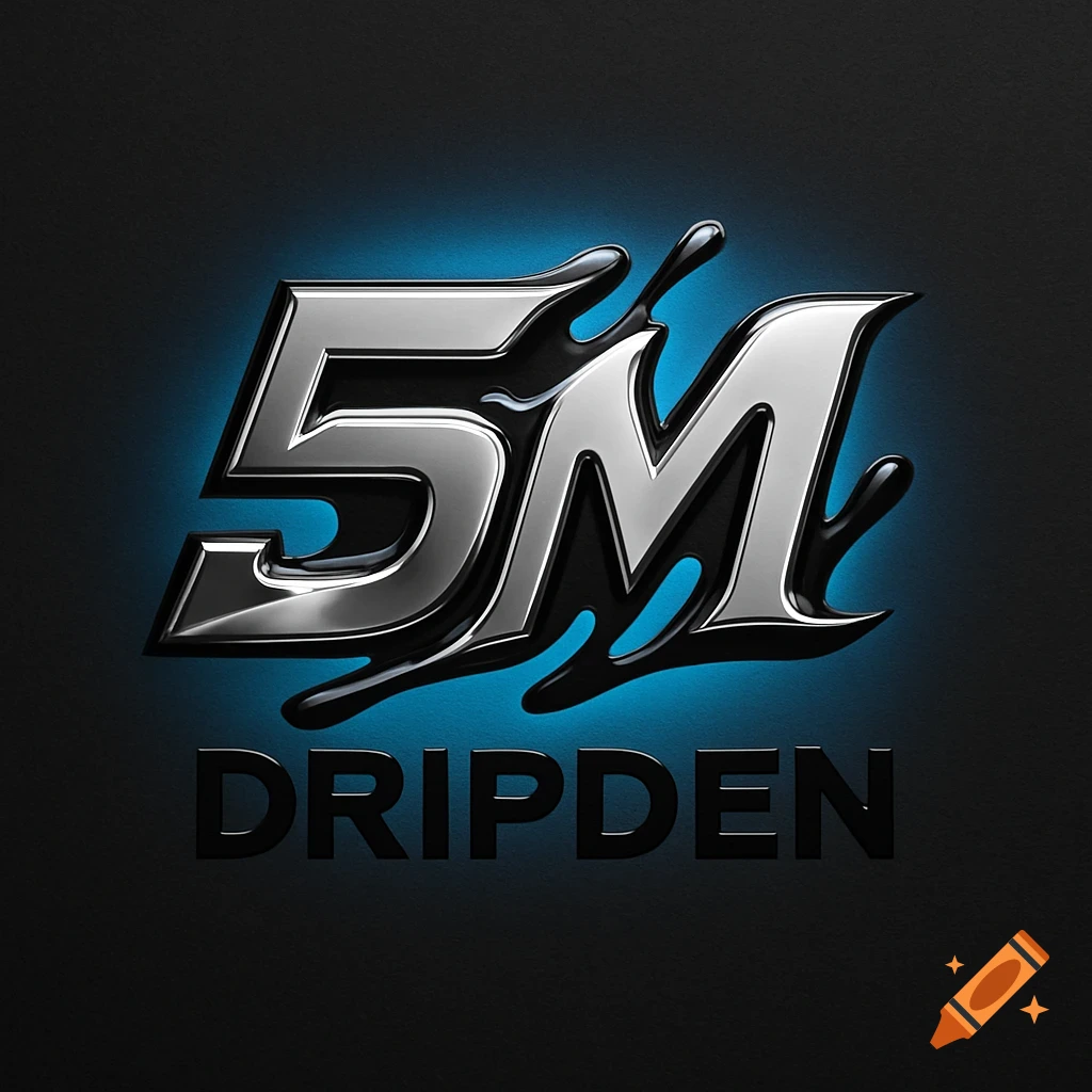 Stylish chrome and black 5M DRIPDEN logo with dripping effect and blue glow.