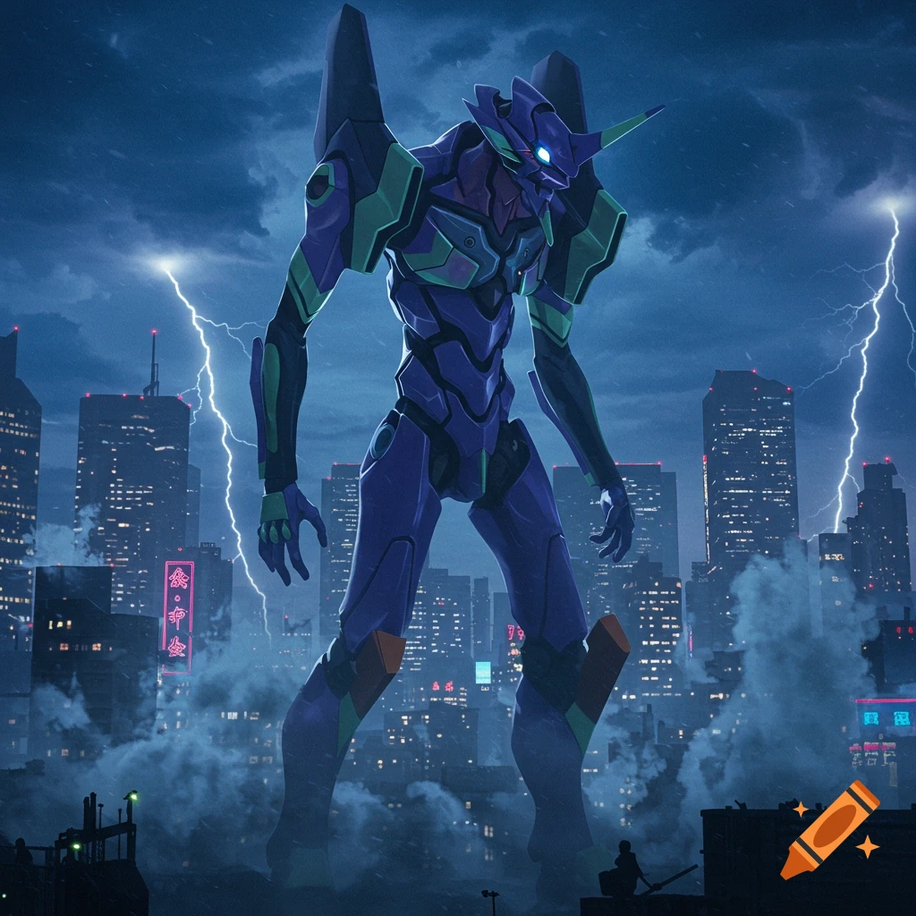 A towering purple and green Evangelion mech stands in a futuristic cityscape at night with lightning bolts striking in the stormy sky.