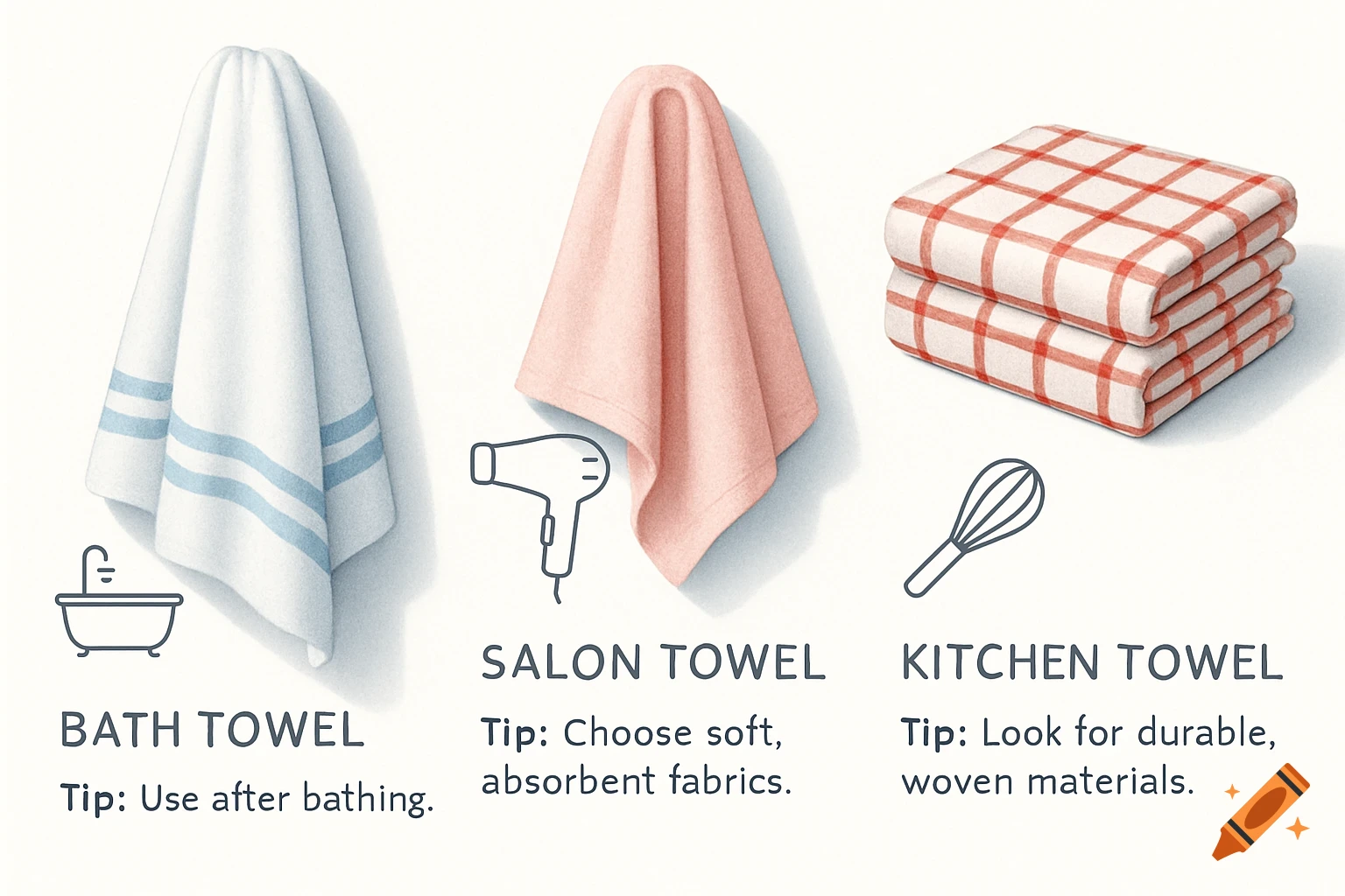 Illustrations of a white bath towel, a pink salon towel, and folded plaid kitchen towels, each with icons and text tips.