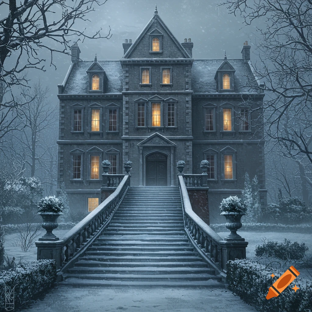 A grand stone mansion blanketed in snow, with warm lights glowing from its windows, and a wide marble staircase leading to the entrance amidst a barren, winter garden.