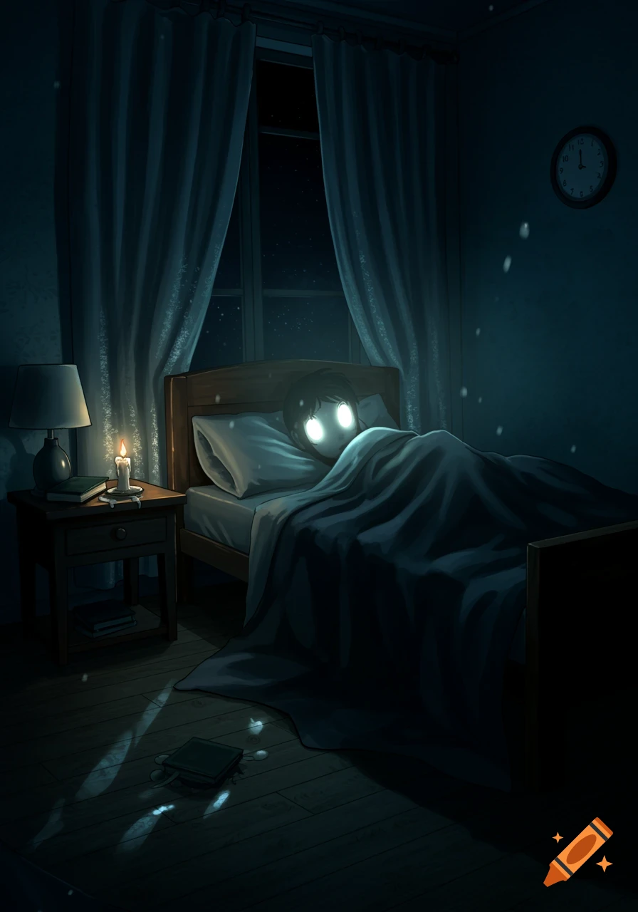 A person with glowing white eyes lies awake in bed in a dark bedroom at night, with a candle and lamp illuminating the scene, and snow falling outside the window.