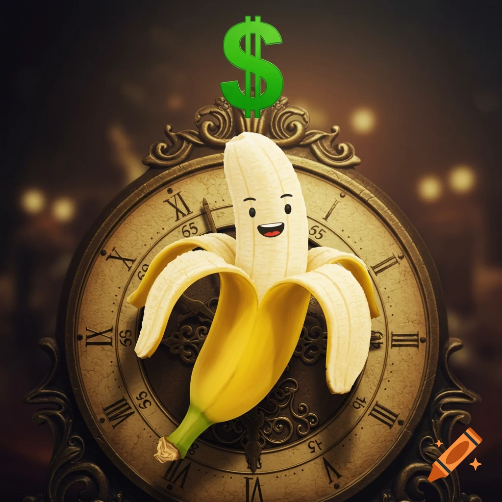 A cartoonish, half-peeled banana with a smiley face stands in front of an antique clock face, topped with a bright green dollar sign.