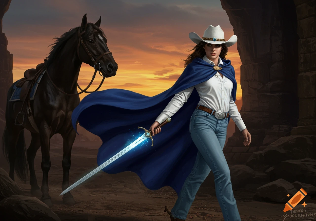 A cowgirl in a blue cape, jeans, and white hat strides forward, holding a glowing sword, with a black horse behind her at sunset.