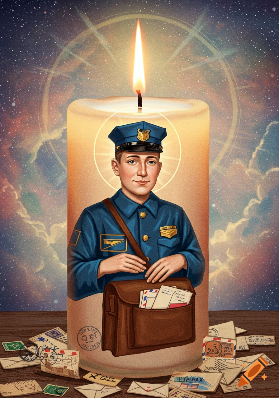 An illustrative image of a mailman in uniform with a satchel, depicted on a lit prayer candle against a starry sky, surrounded by scattered letters.