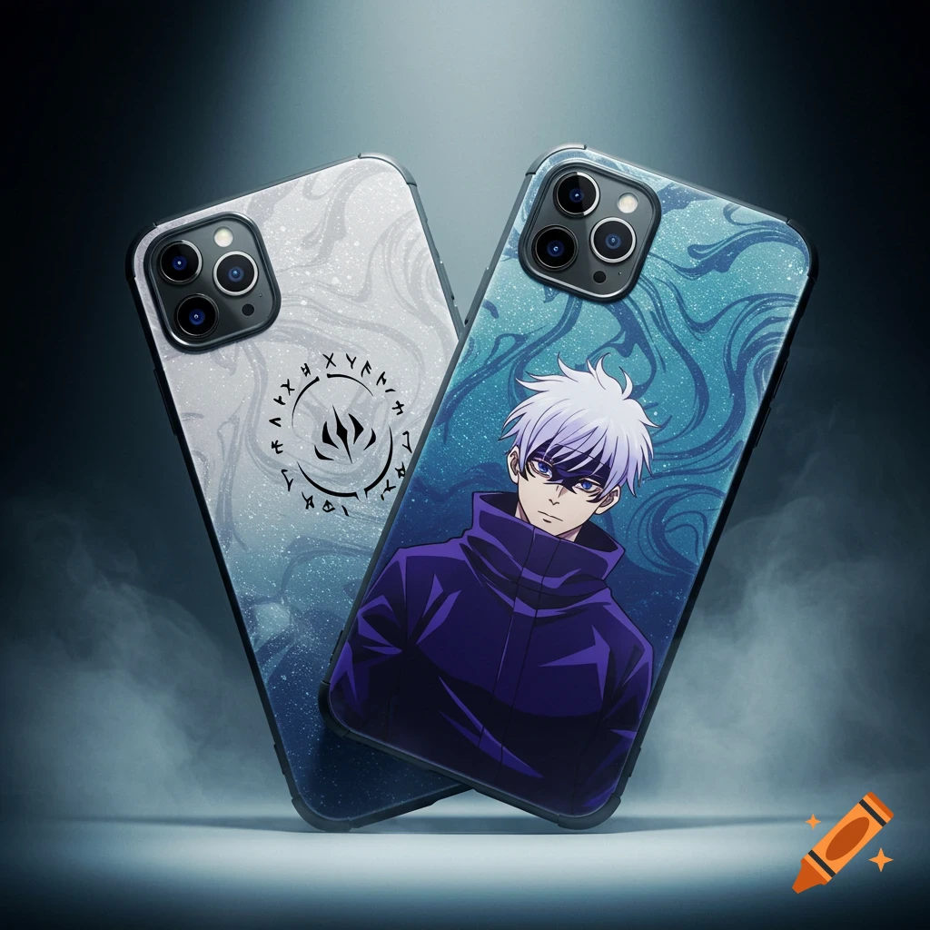 Two dark-colored phone cases, one featuring an anime character with white hair and blue eyes, the other with a grey marble pattern and a dark circular symbol. They are leaning against each other on a dark, smoky background.