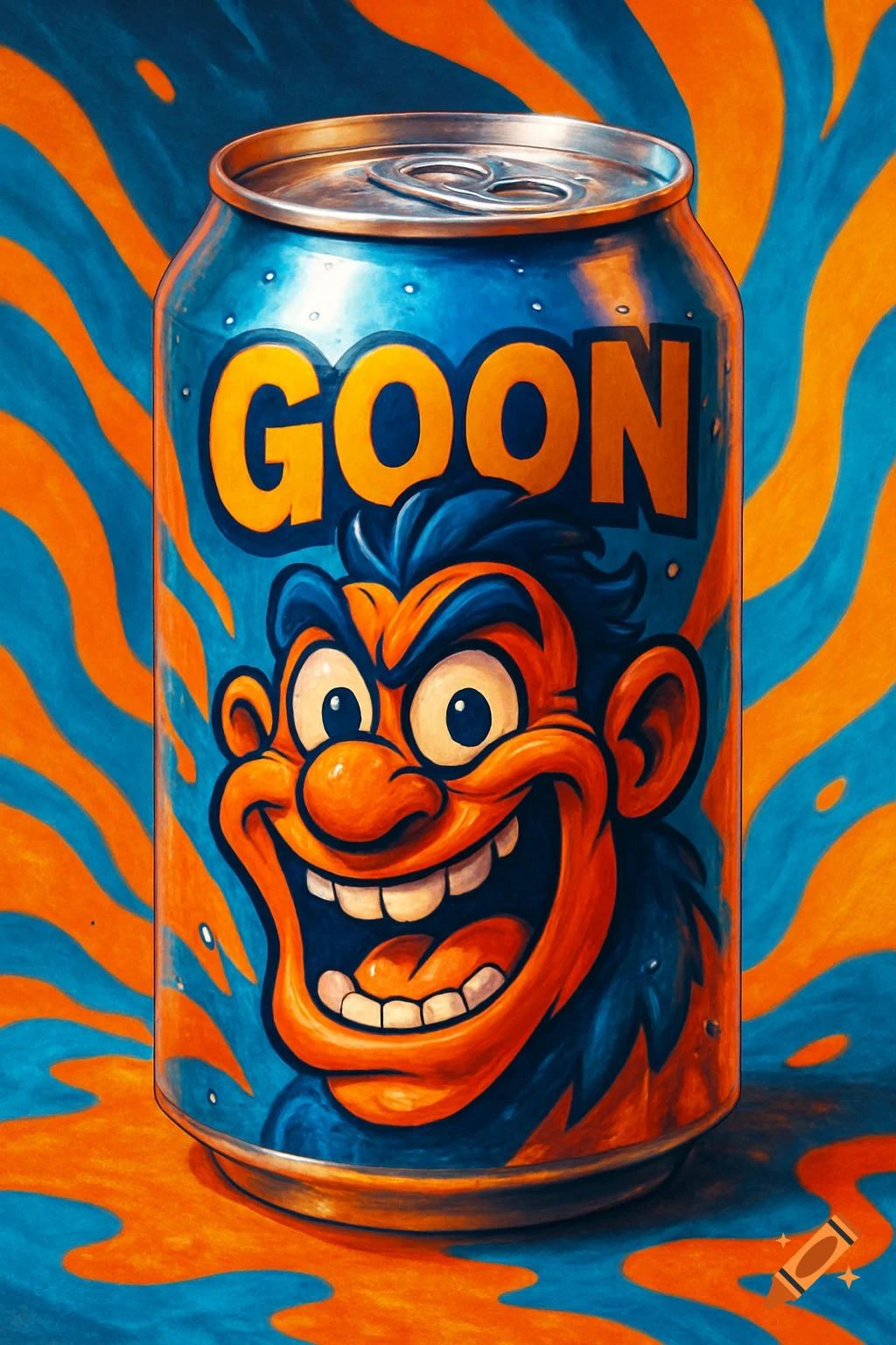 A vibrant blue and orange soda can with 'GOON' text and a cartoon character with a wide, grinning face.