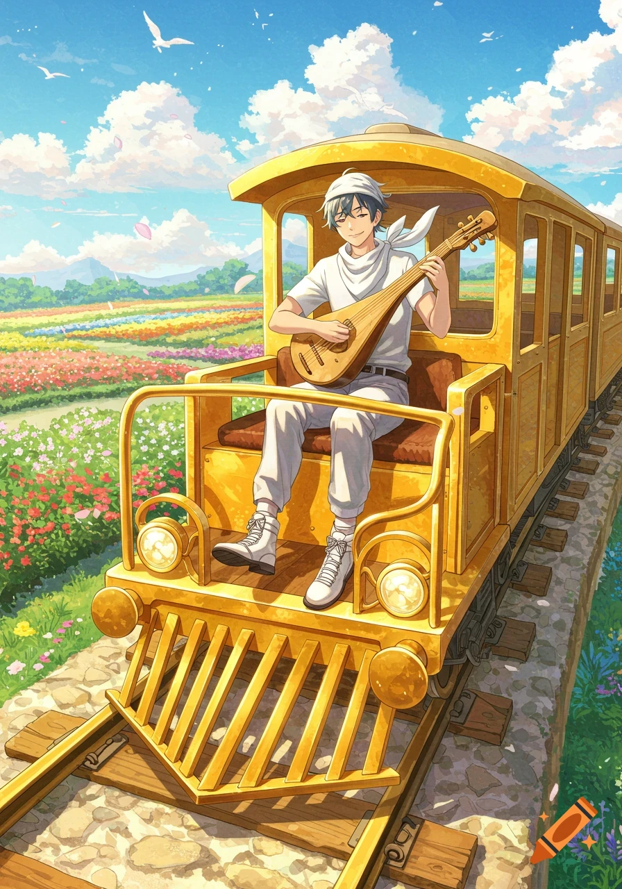 Anime man with white bandana playing a lute-like instrument on a golden train through a field of colorful flowers under a blue sky.