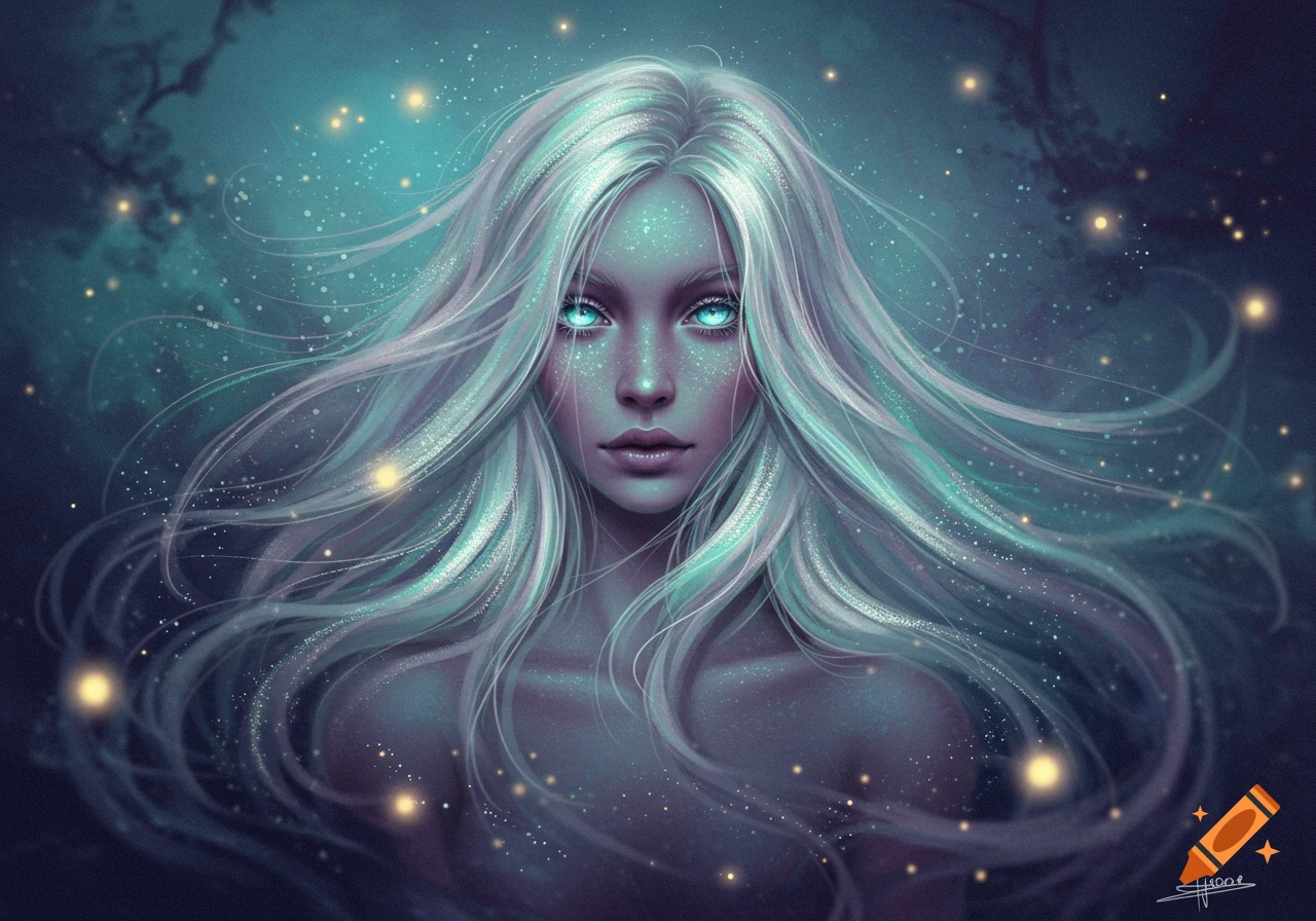 An ethereal woman with glowing blue eyes and long, flowing white hair, surrounded by sparkling lights against a dark, teal background.
