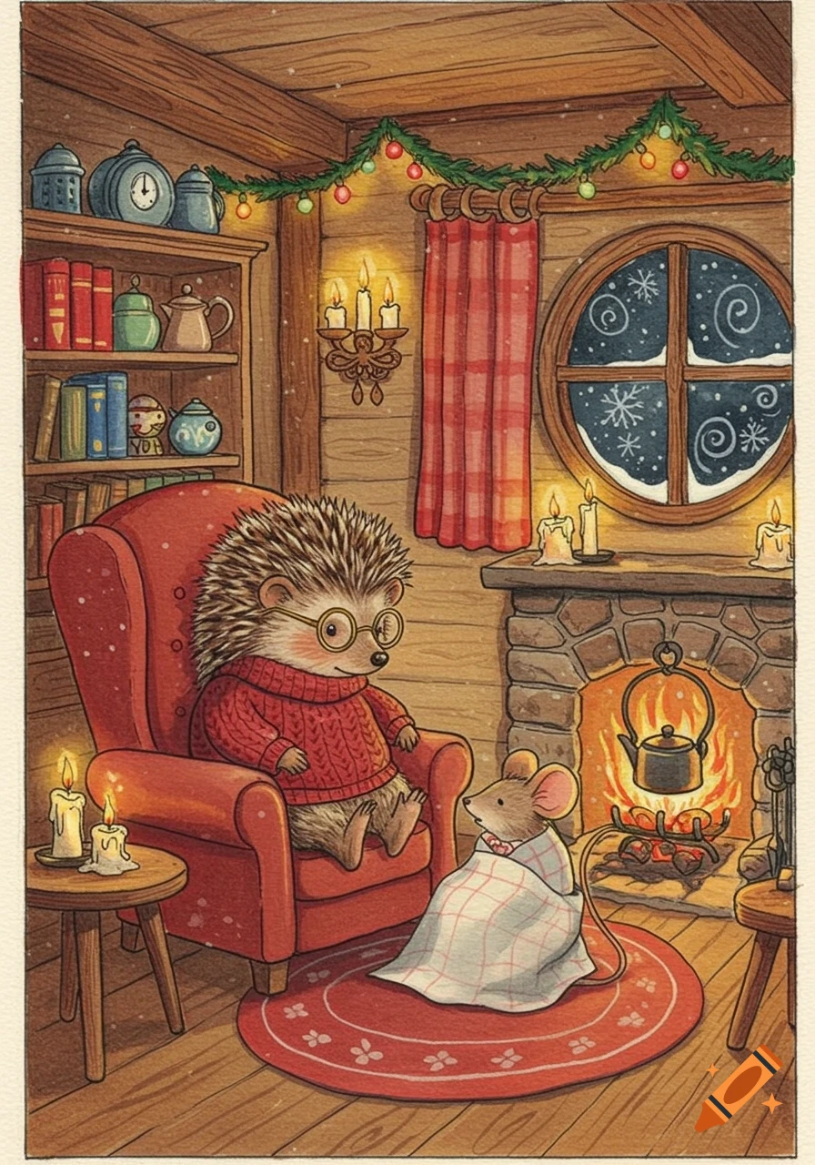 A charming hand-drawn illustration of a hedgehog in a red sweater and glasses in an armchair, with a mouse under a blanket by a fireplace in a cozy cabin. Snow outside a round window.