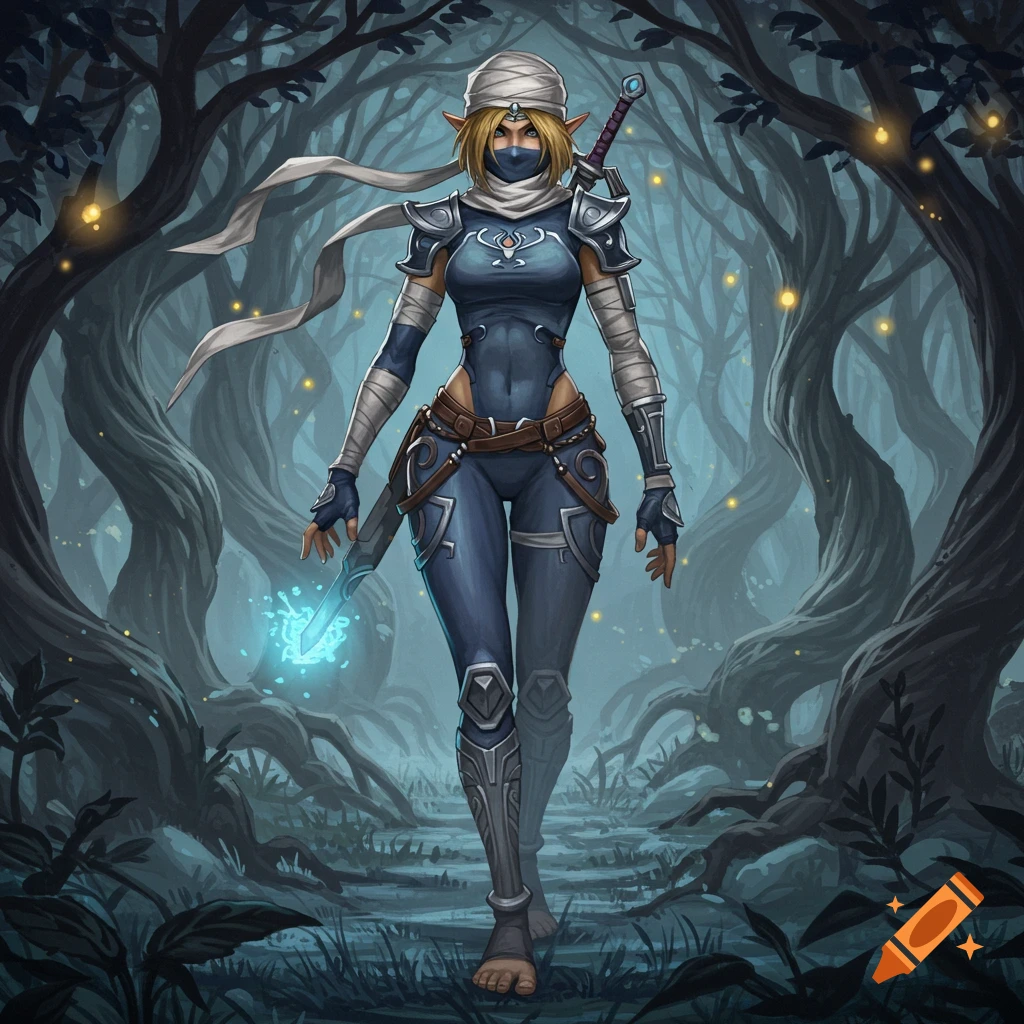 A ninja-like character with blonde hair and a mask walks through a dark, mystical forest, holding a glowing sword.