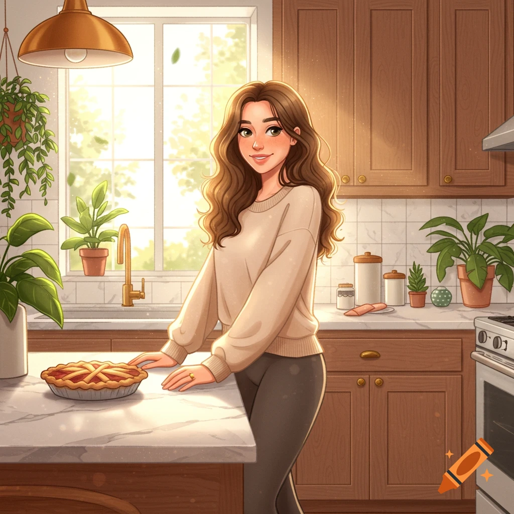 An illustrated woman with long brown hair stands in a warm, sunny kitchen with a pie on the counter.