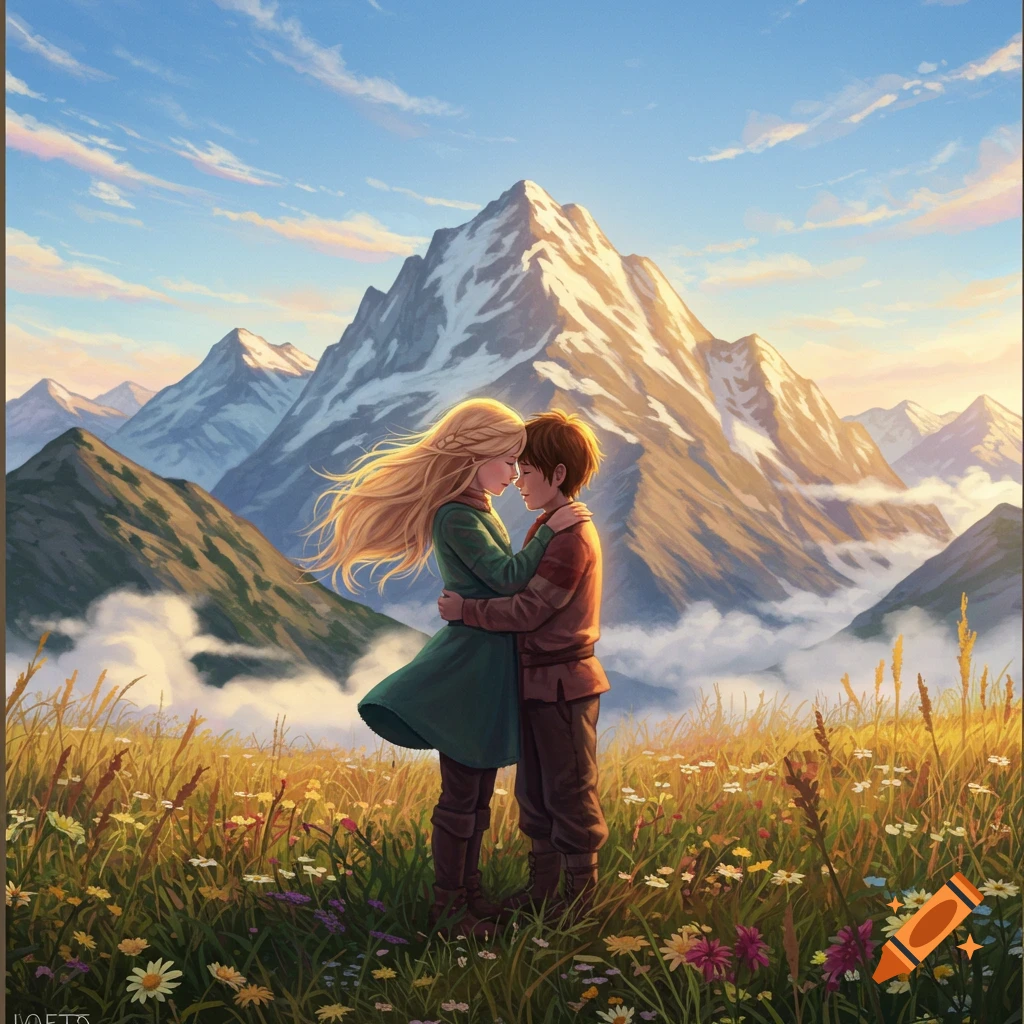 A boy and girl hugging in a grassy field with wildflowers and large mountains in the background under a blue sky.