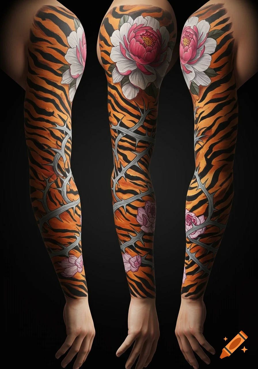 Three views of a full arm sleeve tattoo with orange and black tiger stripes, gray thorns, and pink and white flowers.