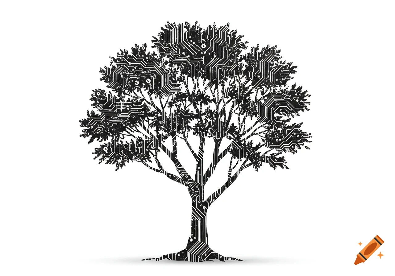 A black and white illustration of a tree with its branches and trunk composed of electronic circuit board patterns.